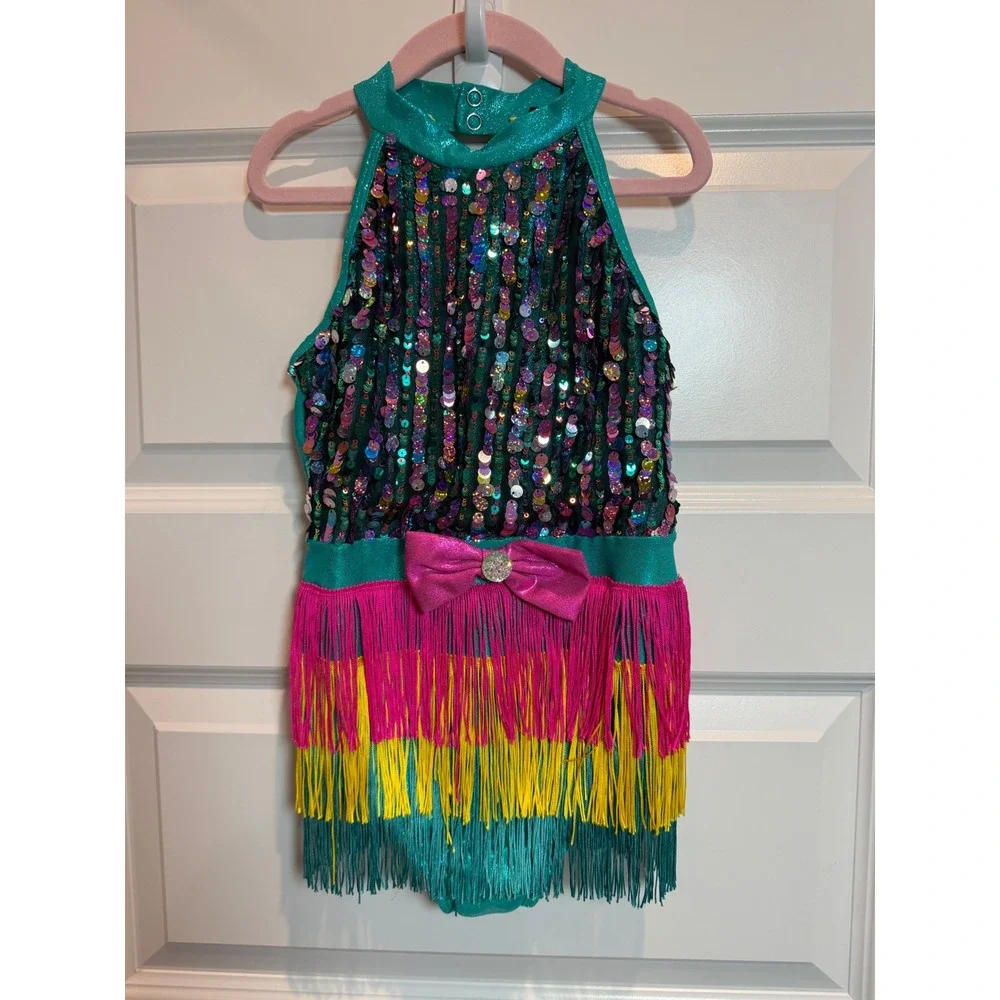 Kids Sequin Fringe Dance Leotard Costume Teal Pink Yellow Performance Comp MC